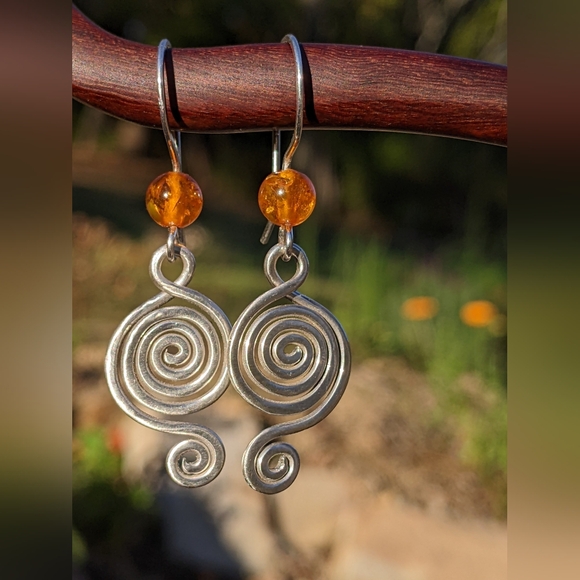 Sterling Silver Baltic Amber Earrings Tribal Spiral Metallic Statement - Picture 6 of 16